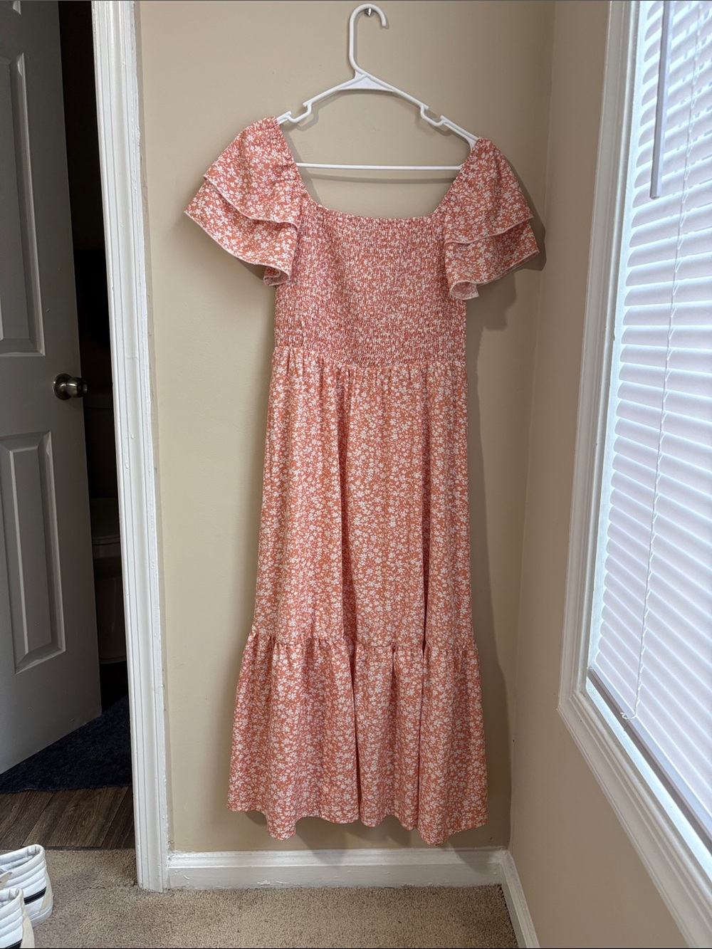 SHEIN Peach and White Floral Smocked Dress
